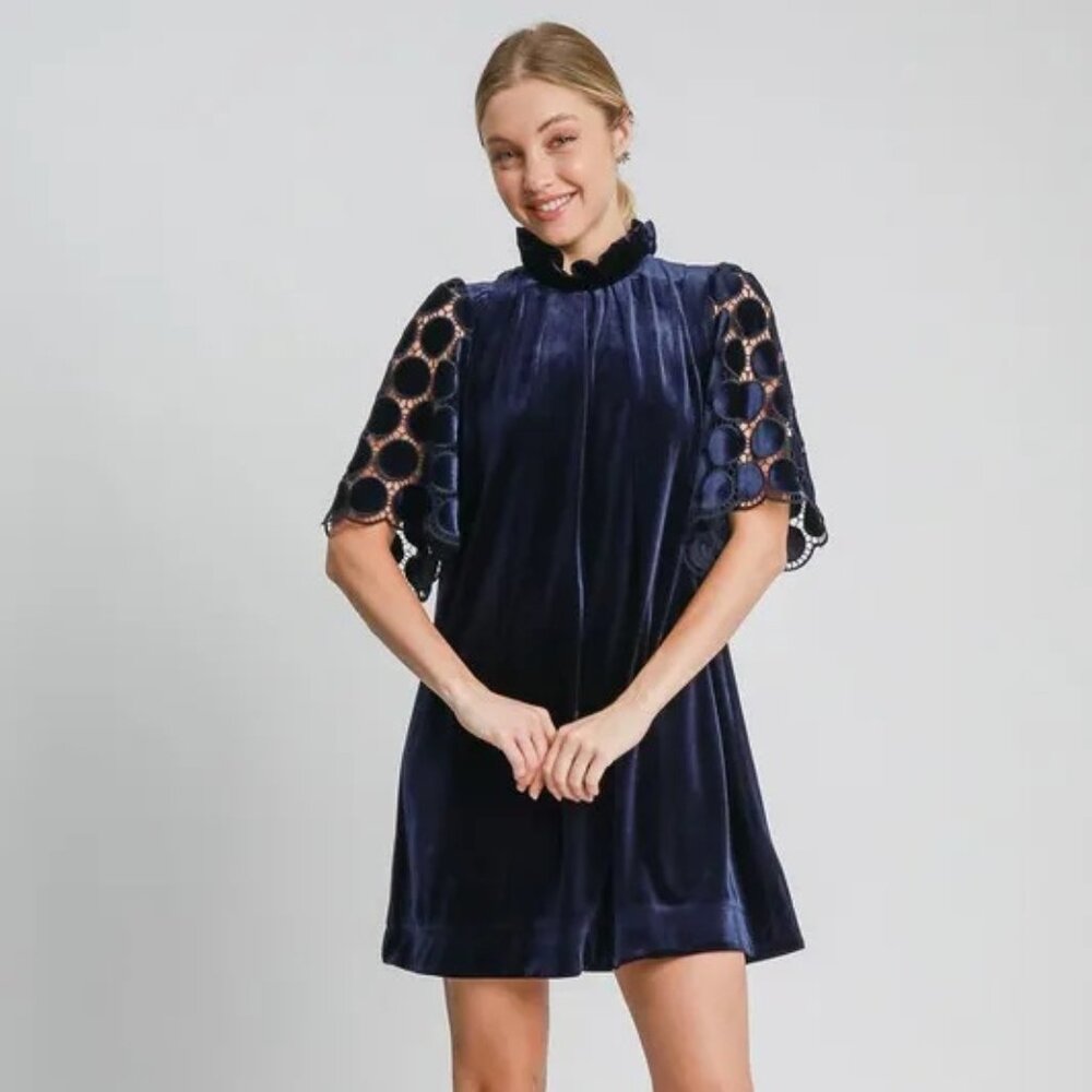 Umgee Dotted Lace Half Sleeve Mock Neck Back Tie Velvet Dress